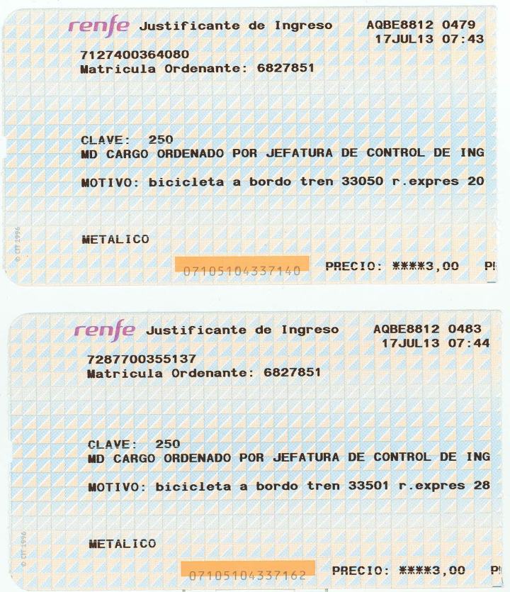Billetes bici. 3 euros por trayecto y bicicleta.