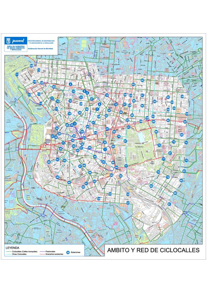 Ámbito y red de ciclocalles y estaciones SPA. Ayto. Madrid