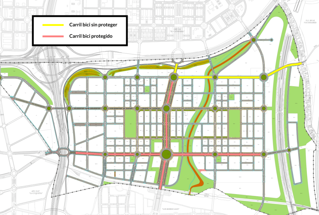 Plano que contiene de forma esquemática los carriles bici planificados en el desarrollo urbanístico de los Ahijones