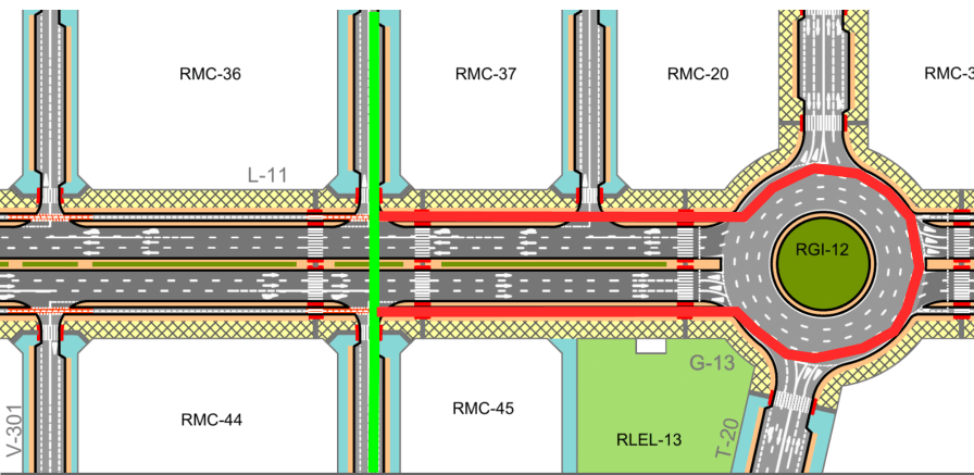  Intersección de dos calles en T en la que se muestra que para hacer un giro a la izquierad, las bicis han de desviarse 100m, dar media vuelta en una rotonda de 4 carriles sin infraestructura ciclista y volver a recorrer los mismos 100m