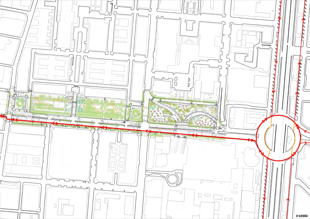 Plano de alternativa aceptable con carril bidireccional en lado sur