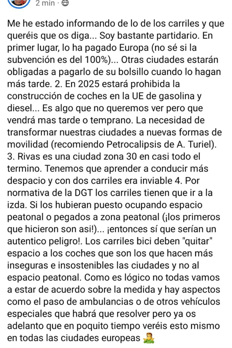 Una opinión de alguien a favor de los carriles bici en Rivas